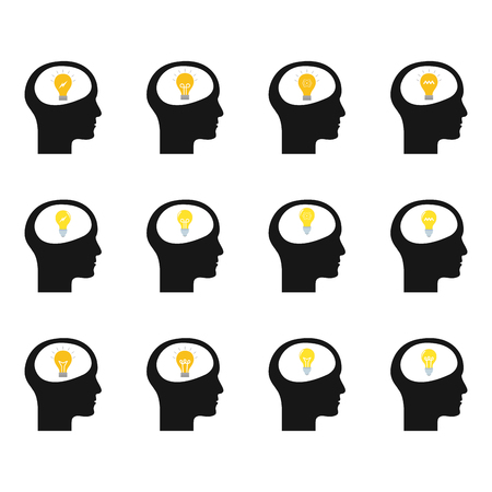 Set of heads with different lightbulbs on a white backgroundのイラスト素材