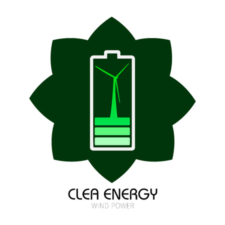 Isolated label with a battery and a silhouette of a windmill, Clean energy vector illustrationのイラスト素材
