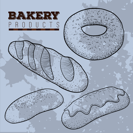 Set of retro hand drawn bakery products, Vector illustrationのイラスト素材