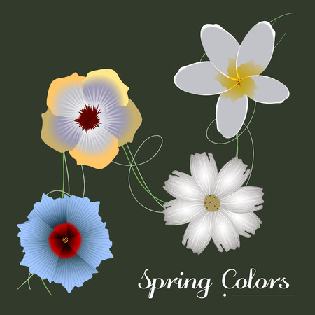 Set of colored flowers on a black background, Vector illustrationのイラスト素材