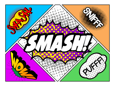 Set of comic onomatopoeias on a halftoned page, Vector illustrationのイラスト素材