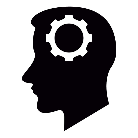 Head silhouette with a gear piece icon isolated on plain background.のイラスト素材