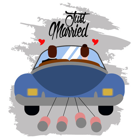 Bride and groom on a car. Just married couple. Marriage concept image. Vector illustration designのイラスト素材