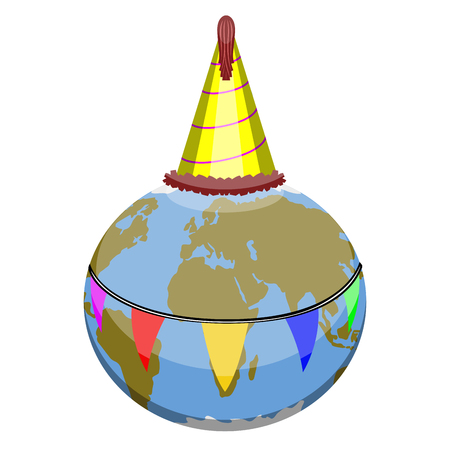 Earth planet with a birthday hat and pennats. Vector illustration designのイラスト素材
