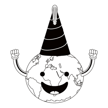 Silhouette of a happy earth planet with a birthday hat. Vector illustration designのイラスト素材