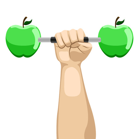Arm lifting a dumbbell with apple shapes. Fitness concept. Vector illustration designのイラスト素材