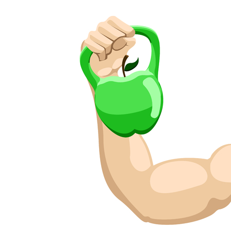 Arm lifting a kettlebell with an apple shape. Fitness concept. Vector illustration designのイラスト素材