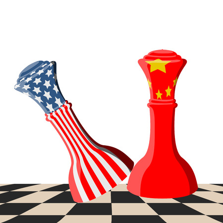 Chess piece with flags of United States and China on a chessboard. Vector illustration designのイラスト素材