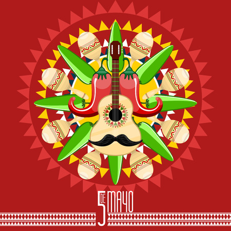 Cinco de mayo poster with a musical instruments and chili peppers. Vector illustration designのイラスト素材
