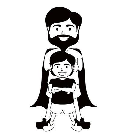 Monochrome character of a super dad with a boyのイラスト素材