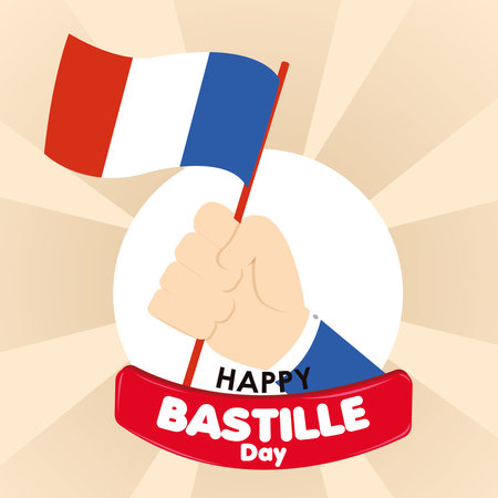 Colored happy bastille day poster with hand holding flag of France Vectorのイラスト素材