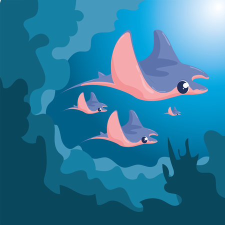 Group of sea rays swimming on the ocean Vector