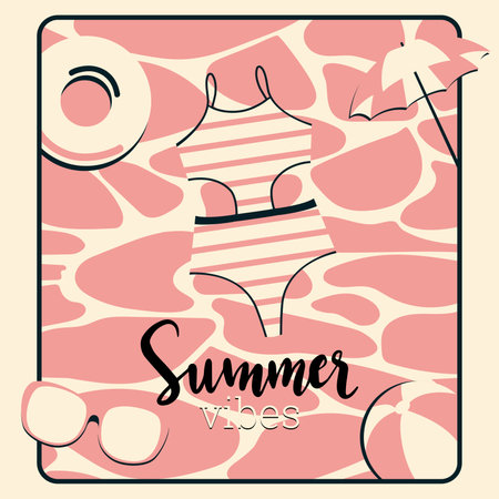 Pink summer poster with bikini and umbrella Vectorのイラスト素材