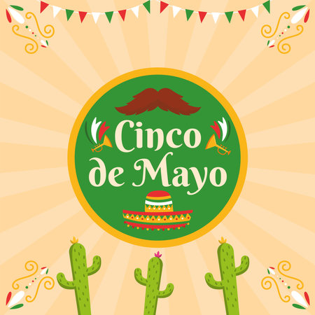 Colored cinco de mayo label with mustache and trumpets Vectorのイラスト素材