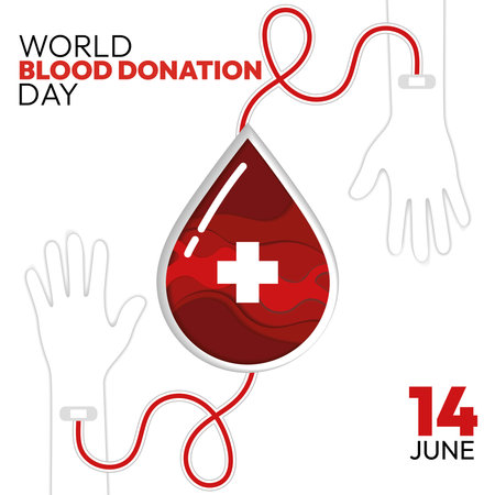Blood donation concept poster hands attached to blood drop Vectorのイラスト素材