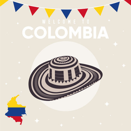 Colored colombia travel template with traditional hat Vectorのイラスト素材