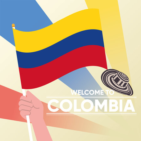 Hand holding the flag of Colombia travel template Vectorのイラスト素材