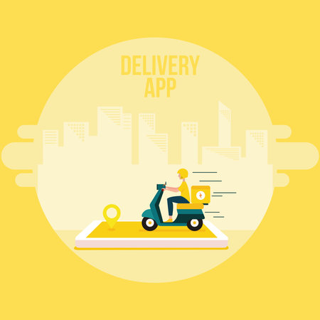 Delivery guy riding on a smartphone Delivery concept template Vectorのイラスト素材