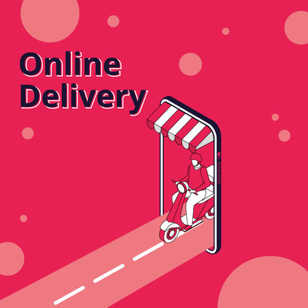 Delivery guy comming out of smartphone app Delivery concept Vectorのイラスト素材