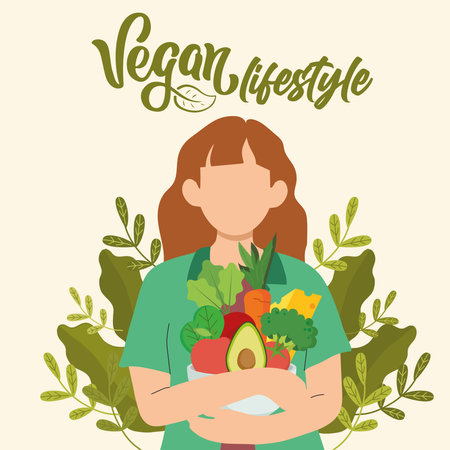 Cute girl character holding vegetables Vegan lifestyle Vectorのイラスト素材
