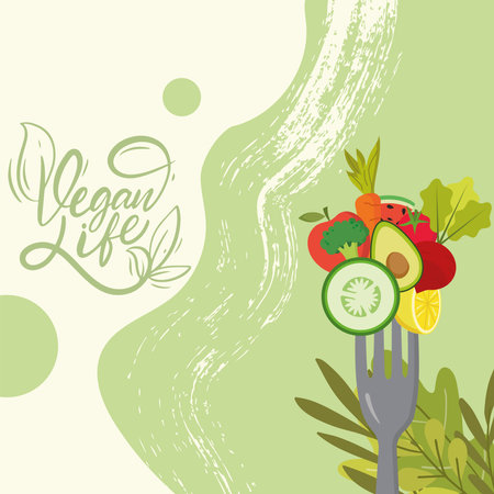 Isolated fork with vegetables and fruits Vegan lifestyle Vectorのイラスト素材