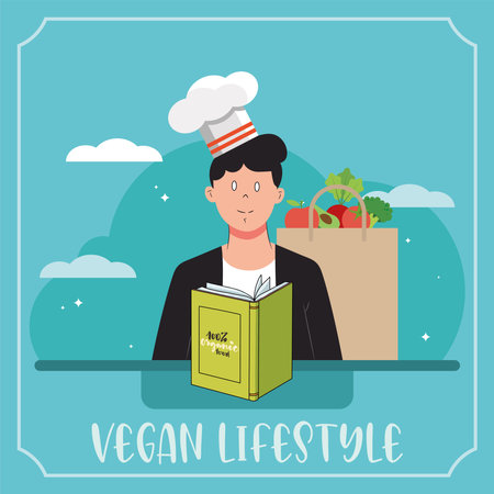 Male character with chef hat and vegetables Vegan lifestyle Vectorのイラスト素材