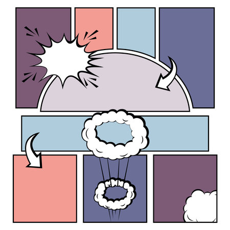 Colored comic page with speech bubbles and arrow transitions Vectorのイラスト素材
