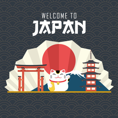 Japanese landmarks and traditional cat Japan poster Vectorのイラスト素材