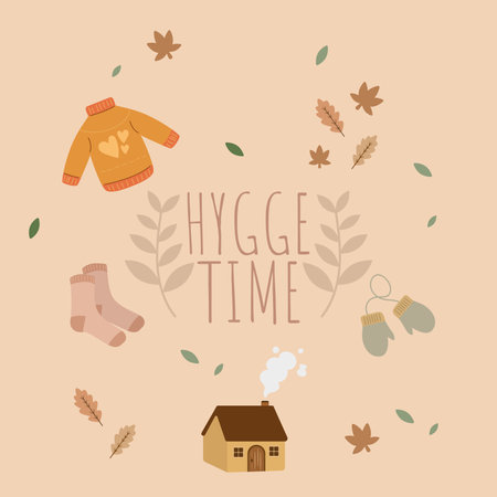 Hygge time concept tempalte with seasonal clothes and building icon Vectorのイラスト素材