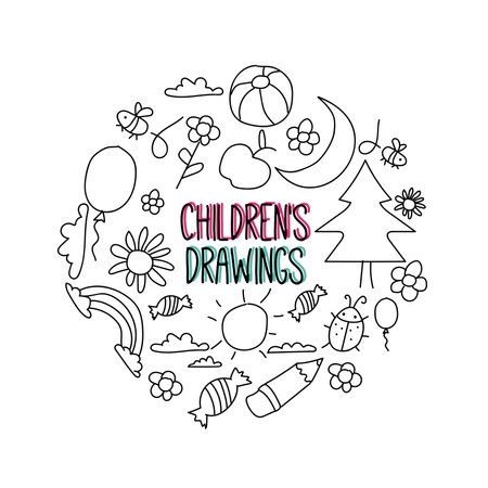 Paper with set of colored kid sketches and doodles Vectorのイラスト素材
