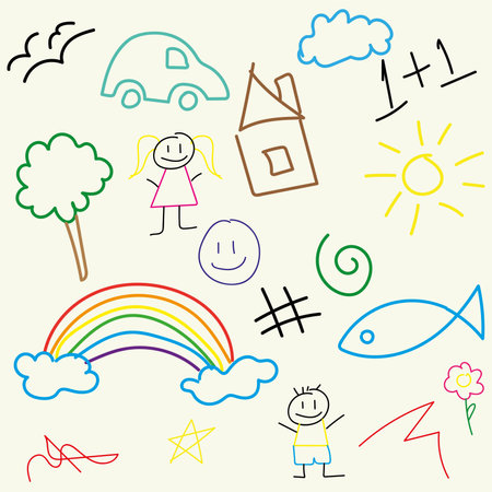 Paper with set of colored kid sketches and doodles Vectorのイラスト素材