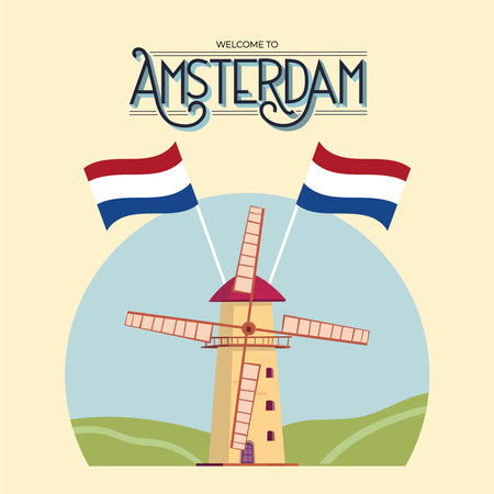 Isolated windmill landmark with pair of flags of Netherlands Vectorのイラスト素材