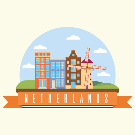 Colored city of Netherlands with a windmill landmark Vectorのイラスト素材