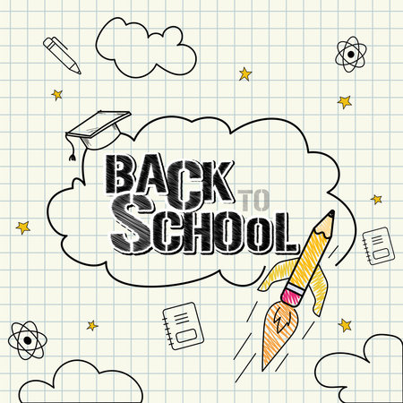 Back to school paper sketch with text and pencil rocket Vectorのイラスト素材