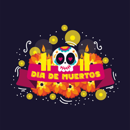 Dia de los muertos banner with flowers and a skull Vectorのイラスト素材