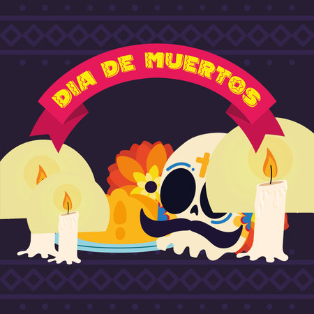 Skull with flowers and candles dia de los muertos poster Vectorのイラスト素材