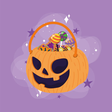 Colored halloween candies pumpkin basket Happy halloween Vectorのイラスト素材