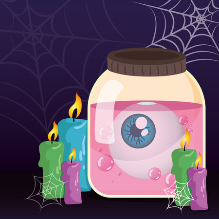 Scary eye with candle and spider webs Halloween season Vectorのイラスト素材