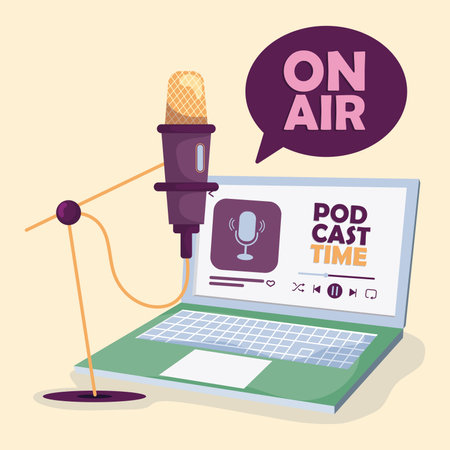 Microphone and a laptop computer Podcast time Vectorのイラスト素材