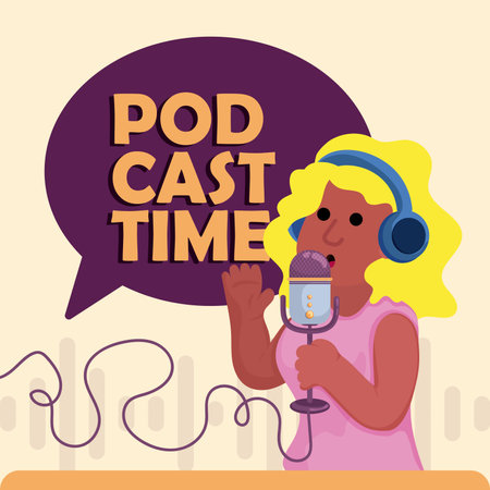 Cute girl podcaster with microphone and headphones Podcast time Vectorのイラスト素材