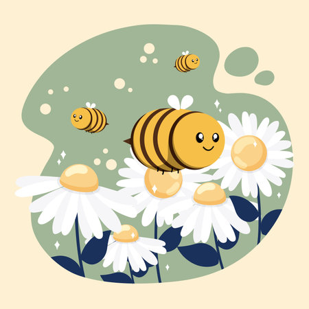 Cute bee insects flying on flowers Vectorのイラスト素材