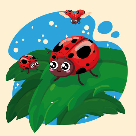 Cute ladybug insects on leaves Vectorのイラスト素材