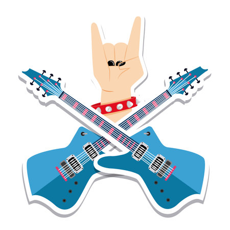 Pair of electric guitars and a rock hand gesture sticker Vectorのイラスト素材