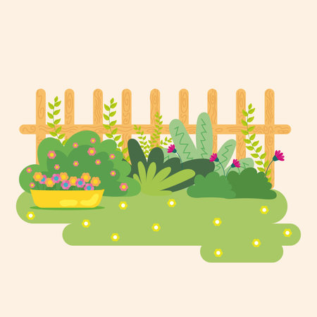 Colored cute garden with fence Flat style Vectorのイラスト素材