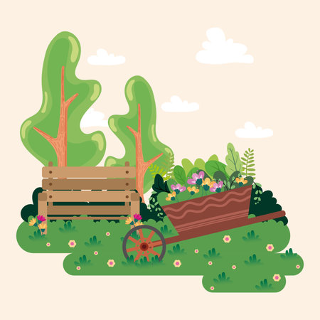 Cute flat style garden with a wheelbarrow Vectorのイラスト素材