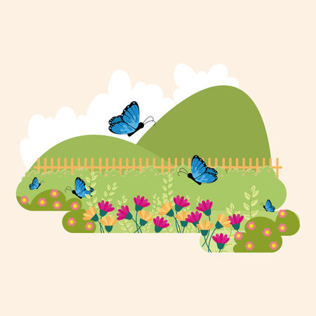 Cute flat style garden with flowers and butterflies Vectorのイラスト素材