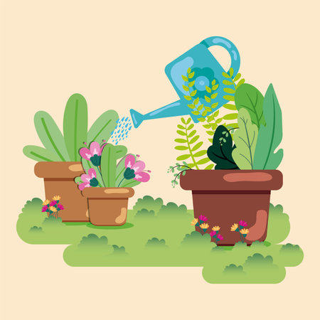 Cute flat style garden with a watering can Vectorのイラスト素材