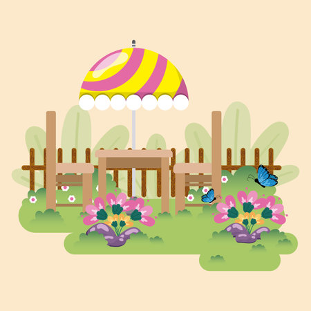 Cute flat style garden with outdoor table Vectorのイラスト素材