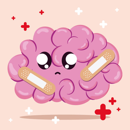 Cute brain cartoon character with injuries and bandages Vectorのイラスト素材