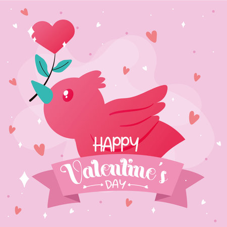 Cute bird carrying a heart shape flower Valentine day poster Vectorのイラスト素材